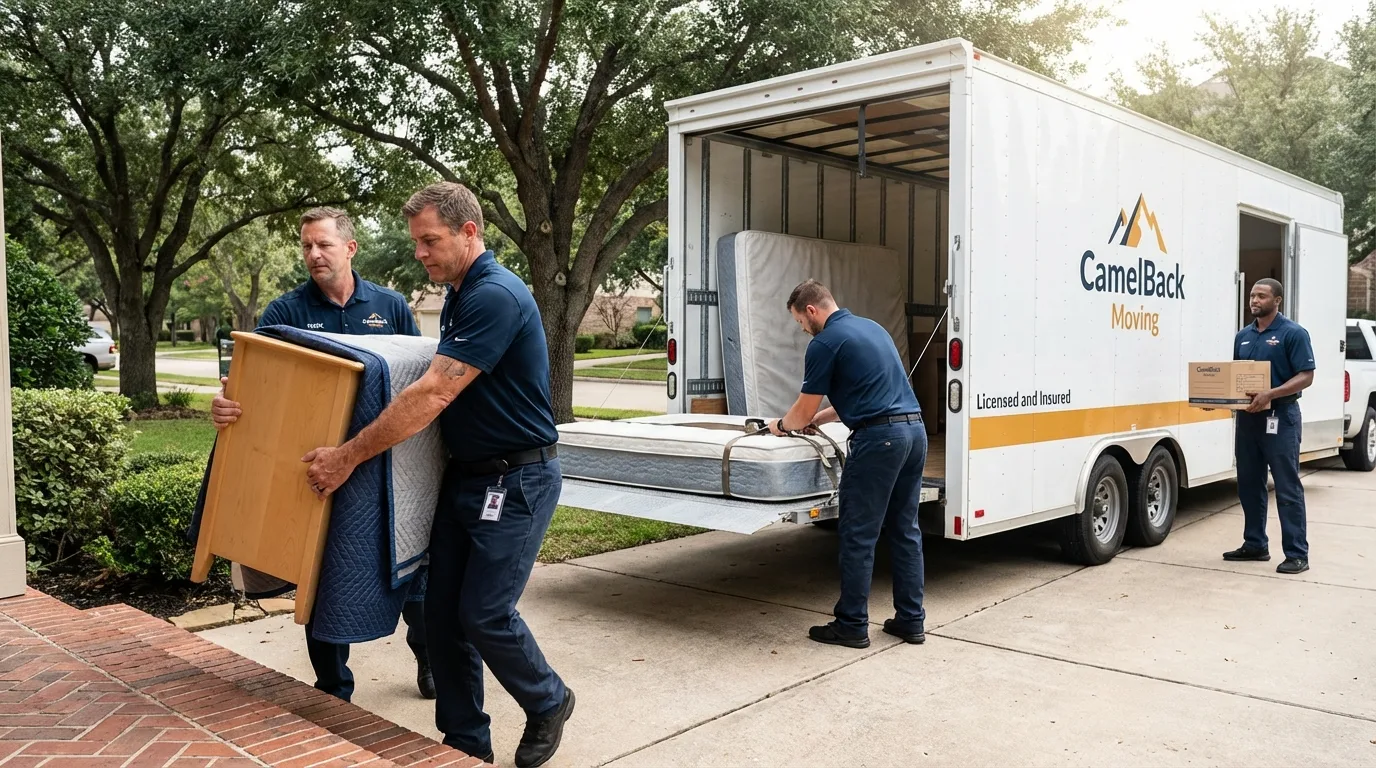 Crew loading residential truck for cross-state move from Menard, TX