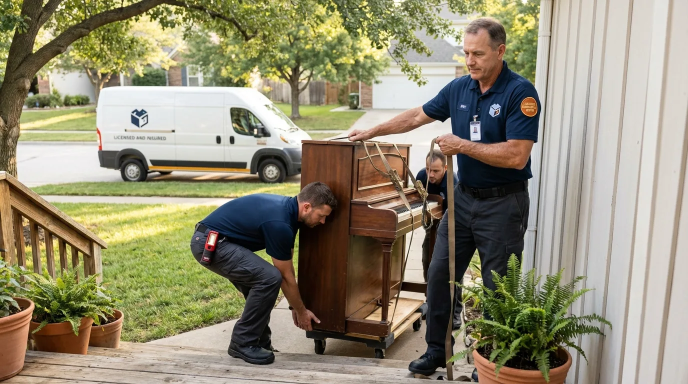 Licensed piano movers securing grand piano in Menard, TX