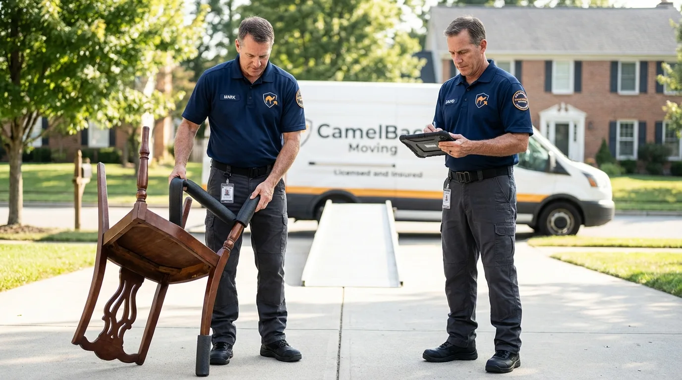 Movers inspecting furniture for damage prevention before loading in Menard, TX