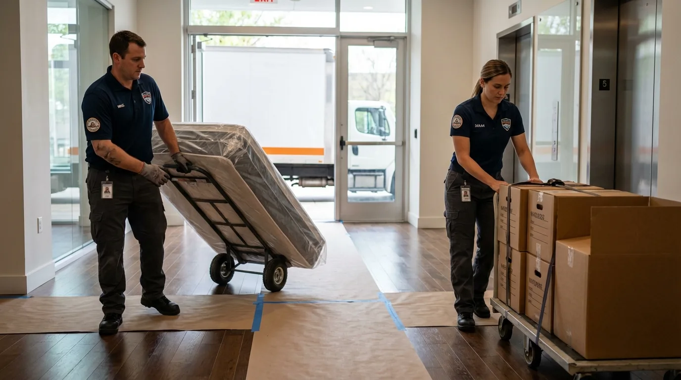 Professional apartment movers loading elevator in Menard, TX