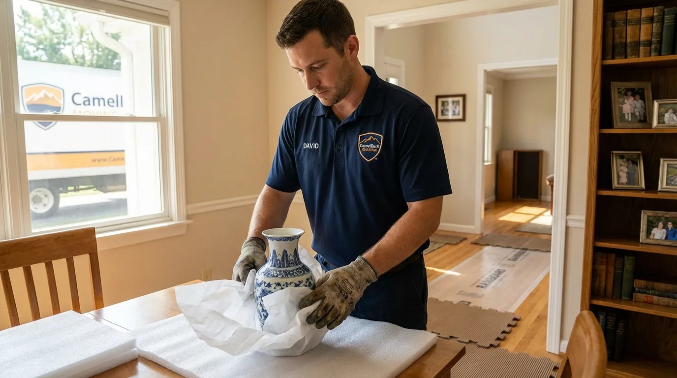 Professional crew carefully wrapping antique vase for senior downsizing move in Menard, TX