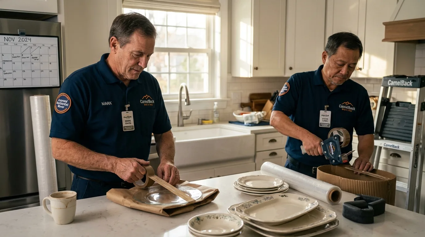Professional crew packing kitchen dishware in Menard, TX